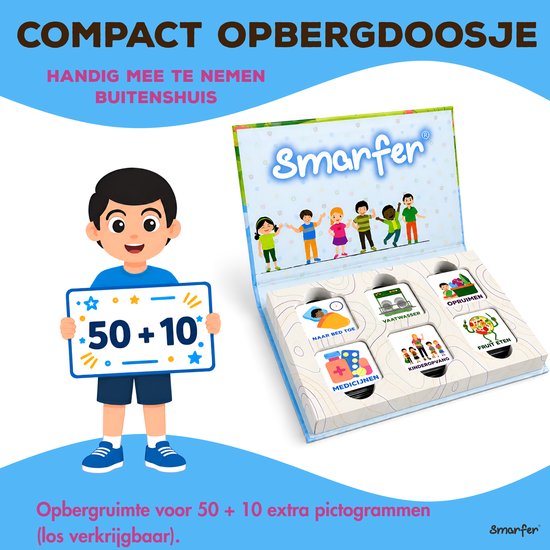 Jongen met bord '50+10' naast een open opbergdoos met magnetische pictogrammen: naar bed toe, vaatwasser, opruimen, fruit eten, medicijnen, kinderopvang.