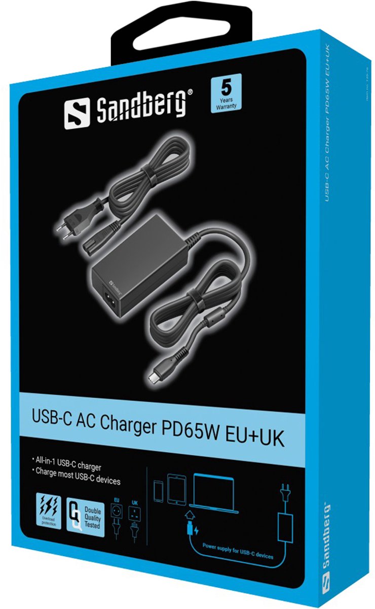 Sandberg USB-C AC Charger PD65W - Laptoplader - 65W - USB-C Power Delivery - EU & UK Stekker
