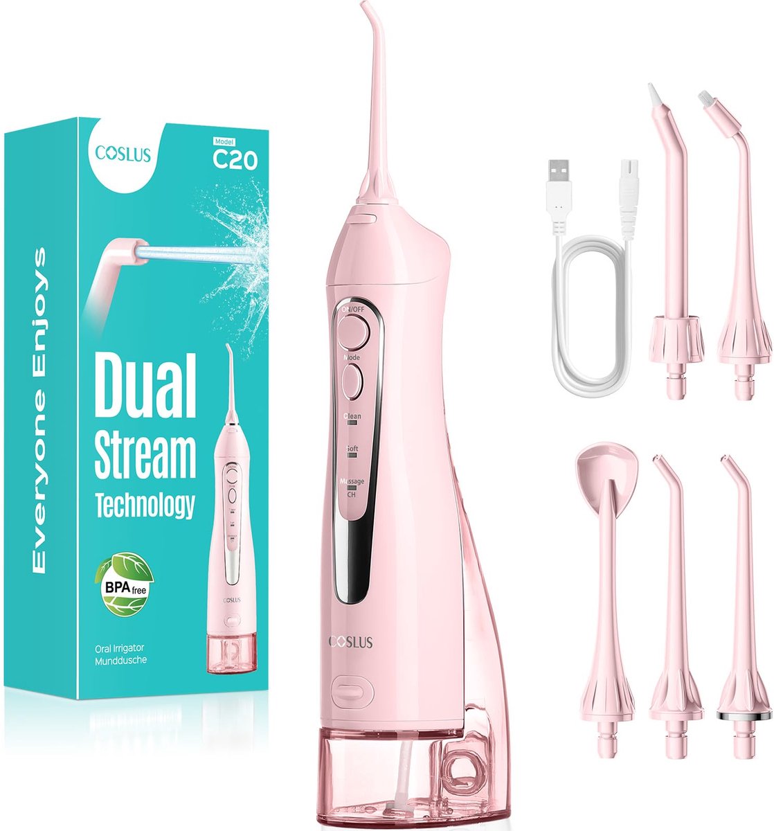 Waterflosser Draadloos – 300 ml Waterreservoir – 3 Standen – 5 Opzetstukken – IPX7 Waterdicht – Roze