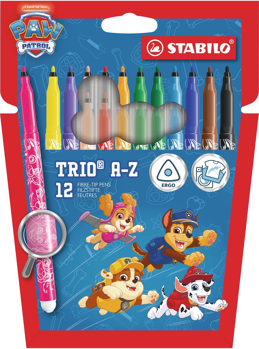 STABILO x PAW Patrol Trio A-Z - Viltstift - Met Ergonomische Driekantige Gripzone - Etui Met 12 Kleuren