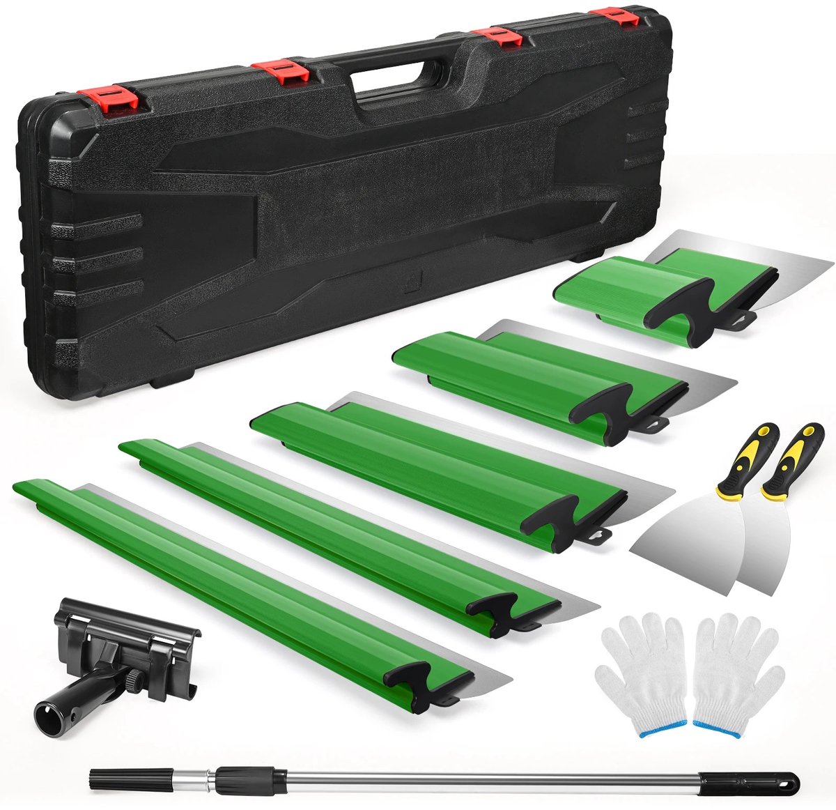 Velori Gipsplaten Schraperset - Plamuurmes Set - Skimming Blade Set - Spatels - 15/25/40/60/80 cm - Verstelbare Steel 85-130 cm - Groen - Opbergkoffer