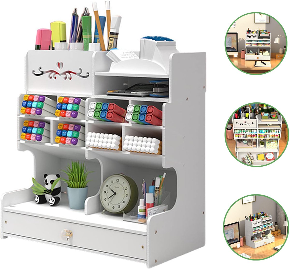 REDOM Bureau Organizer 32 x 28 x 15 cm – Pennenhouder met Lade – Multifunctionele Bureau Opberger – Voor Kantoor, School en Thuis – PVC – Wit
