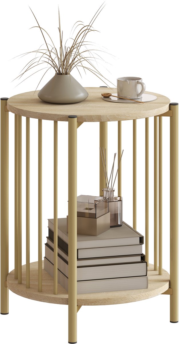 Bijzettafel - Ronde salontafel - Set van twee bijzettafels met opbergrek en stalen frame - Natuurhoutkleur