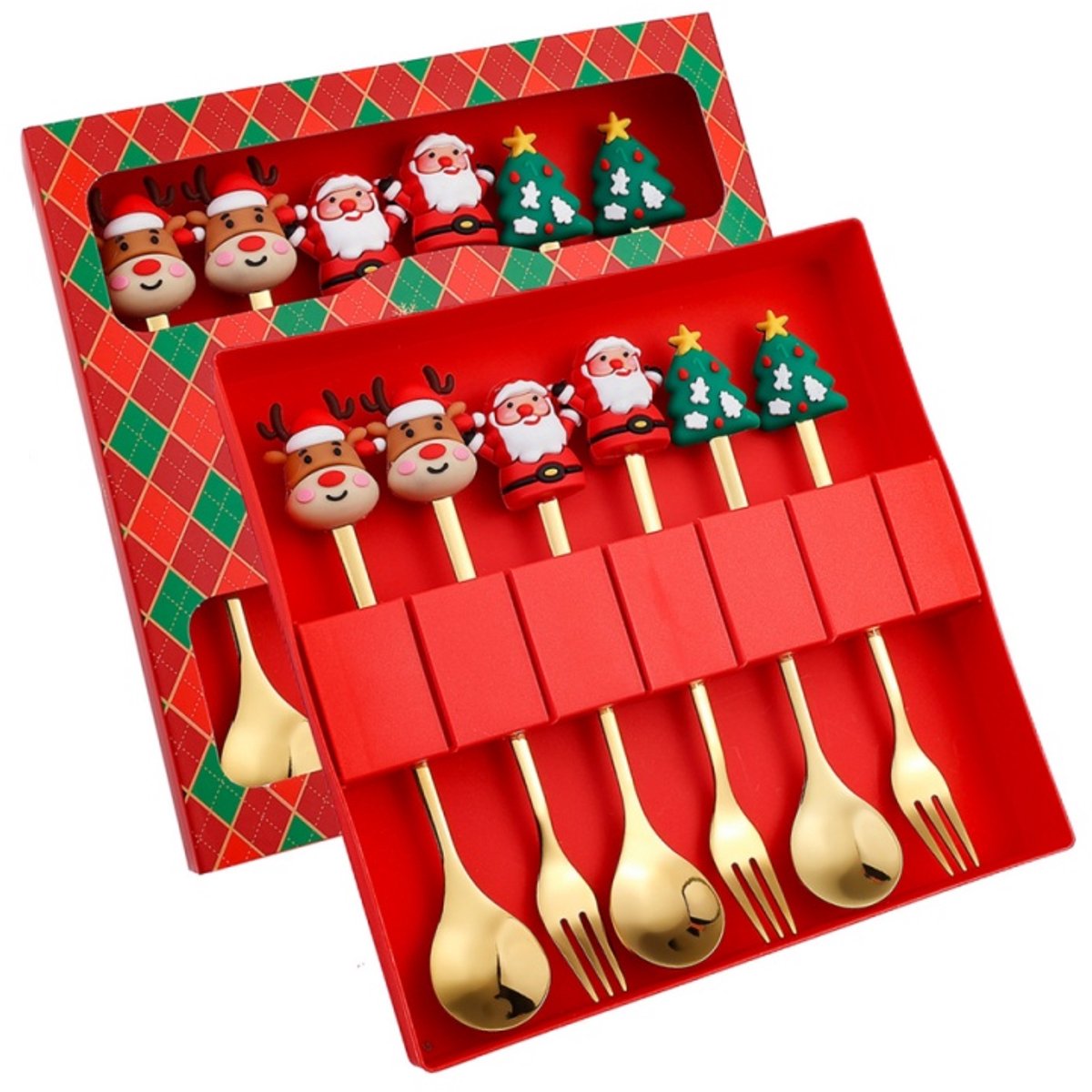 6-Stuks Kerst Bestekset - Roestvrijstalen Goudkleurige Dessertlepels en Vorkjes - Decoratieve Kersthandvatten - Koffielepels voor Feesttafel - Kerstdecoratie en Cadeau