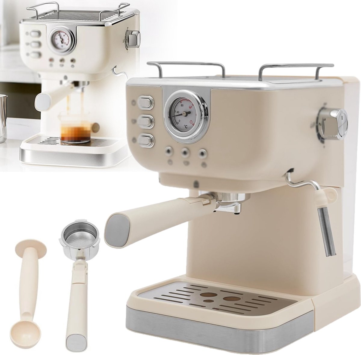 Espressomachine Met Stoom melkschuimer - 20 Bar Pomp drukmeter 1,5L Waterreservoir Lekbak - Voor Cappuccino Latte Macchiato En Meer - Beige Wit