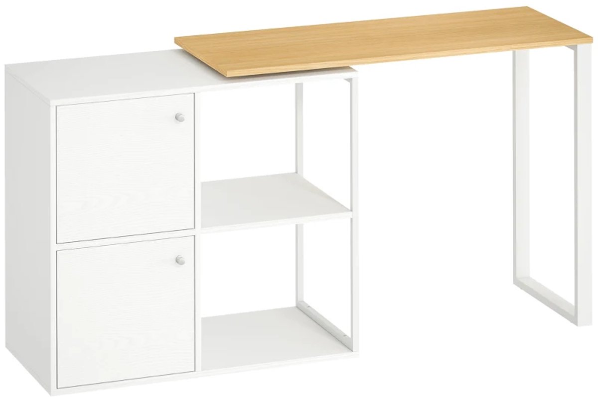 Draaibaar L-vormig Hoekbureau met 2 Kasten en 2 Open Vakken - Computerbureau met Opbergruimte - Werktafel - Bureautafel - Desk - 105 x 85 x 75 cm - Wit/Naturel
