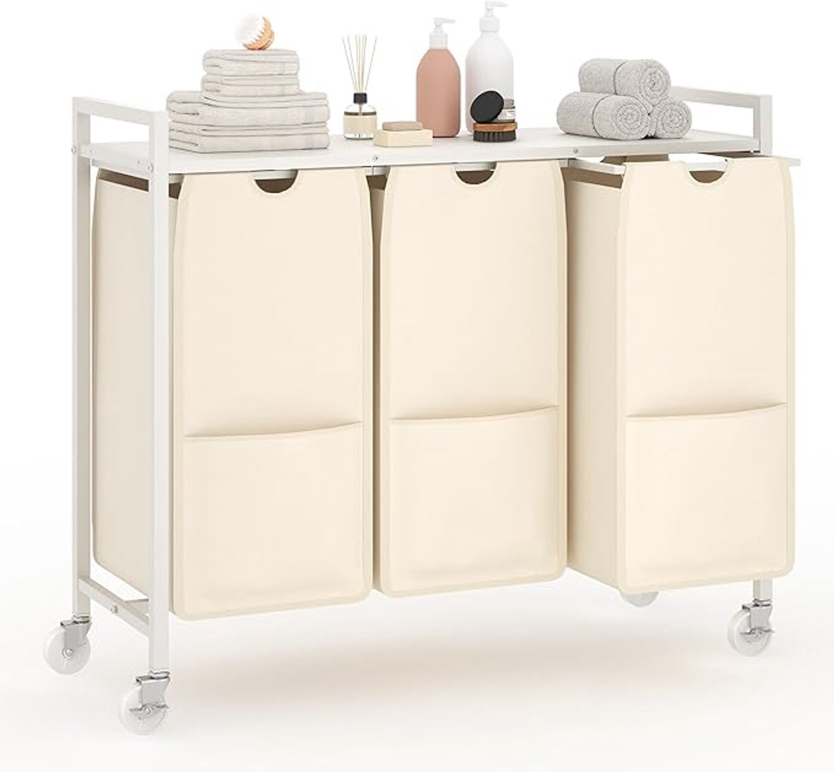 Danky verrijdbare wasmand met 3 compartimenten 120L, metaal en densiteitsplaat, wit & beige