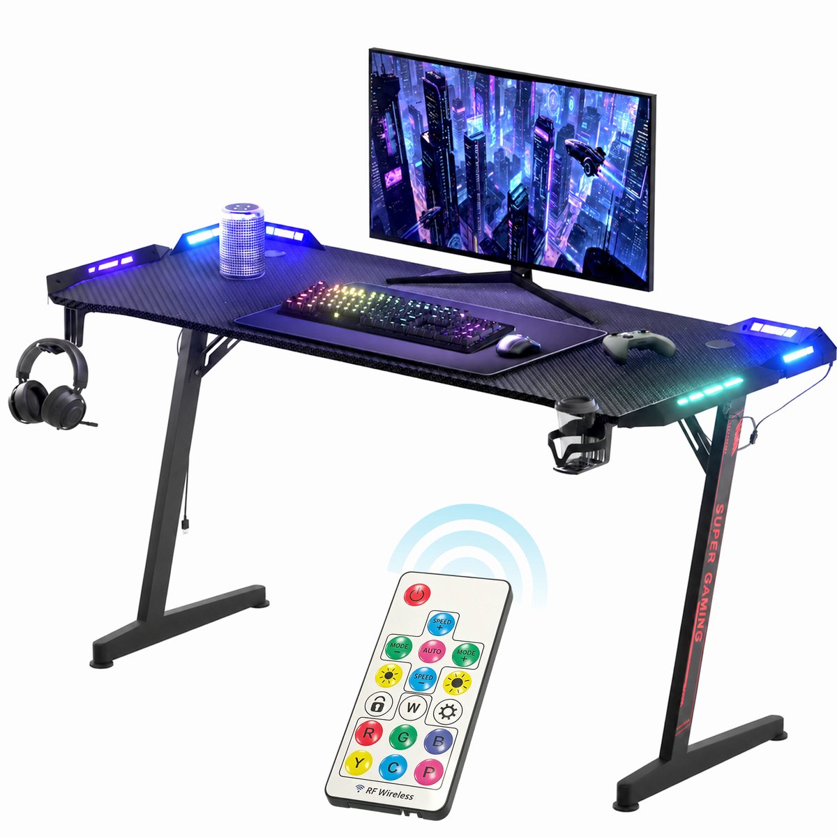 Soontrans - Gaming Bureau - 140x60x73cm - Zwart Bureau - Computertafel - Gaming Tafel - Met LED Verlichting - Bekerhouder - Hoofdtelefoonhouder - Tafel met één Niveau