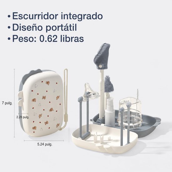 Flessenborstel - Flessenborstel baby - Baby flessen - Flessenborstel siliconen - Babyfles schoonmaken - 6-in-1 flessenborstel - Borstel voor borstkolf, speenborstel, rietjesborstel, zeepdispenser en draagbaar droogrek - Grijs — afbeelding 5