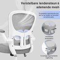 Grijze bureaustoel met verstelbare lendensteun en ademende mesh rugleuning. De rugleuning heeft een S-vormige ergonomische curve.