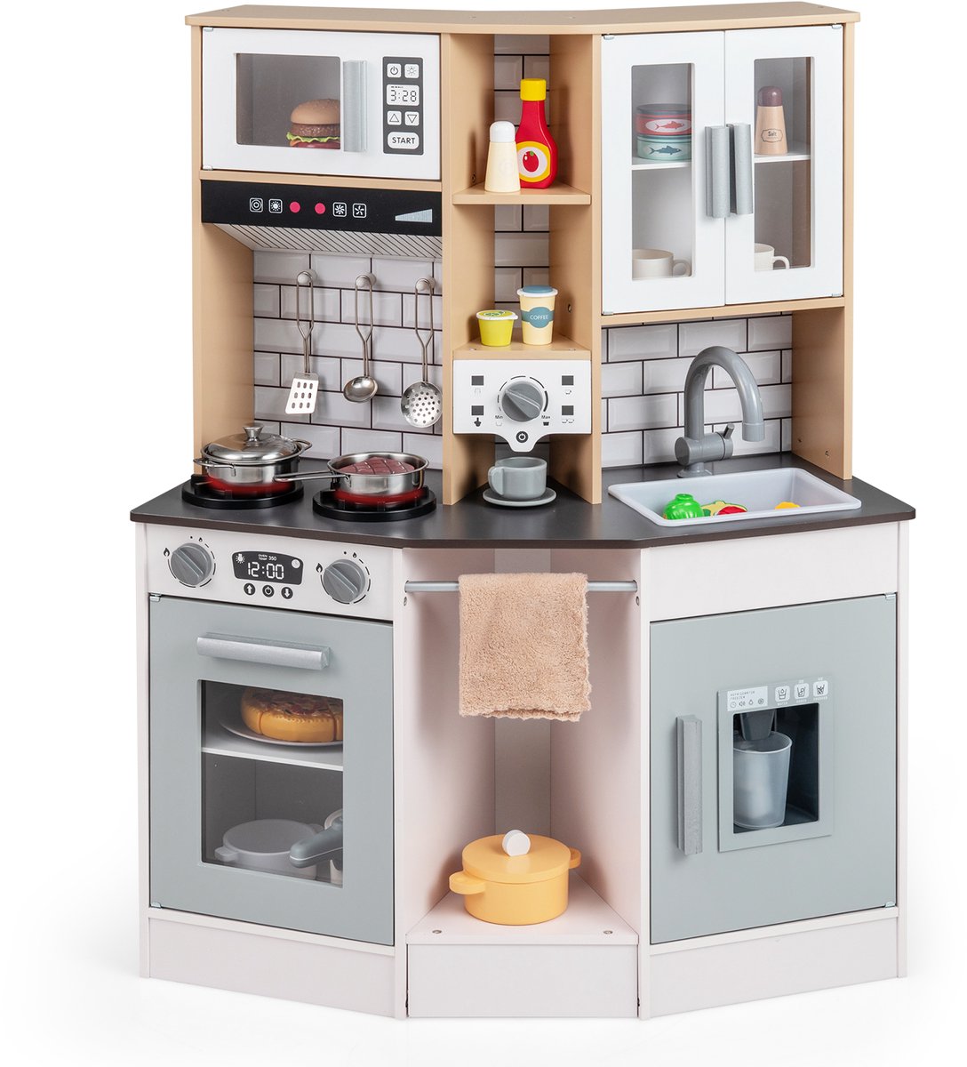 COSTWAY Kinderkeuken met 10 stuks. accessoires, houten speelkeuken met licht en geluid, houten keuken incl. fornuis, spoelbak, ijsmachine, koffiezetapparaat, magnetron & oven, speelgoedkeuken voor