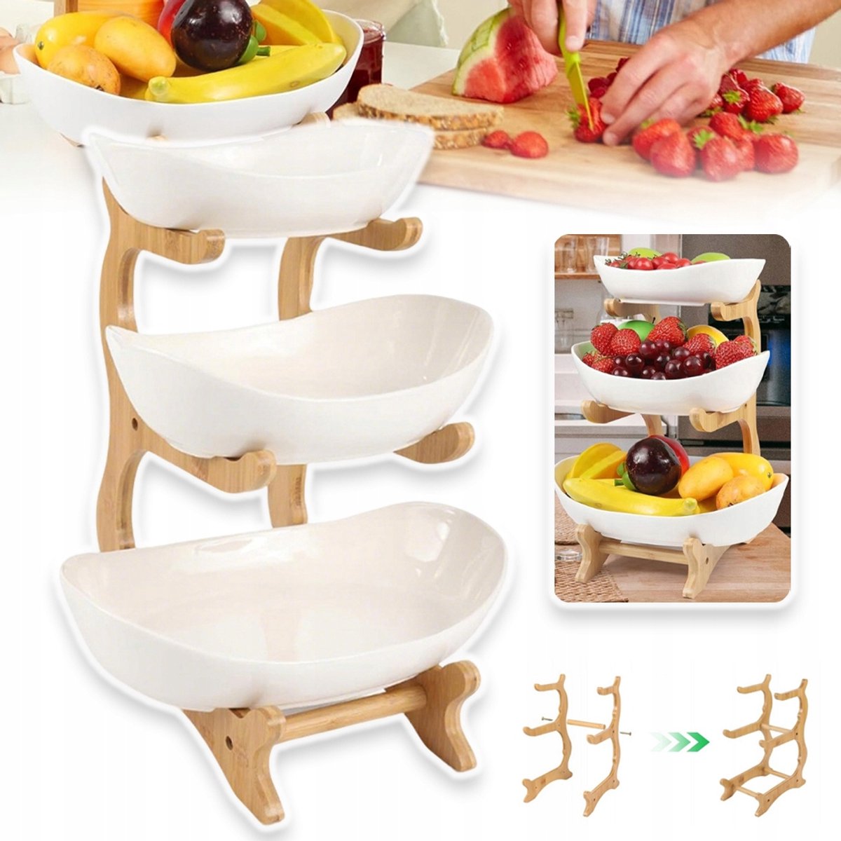 Fruit- En Snack Standaard Met Meerdere Lagen En 3 Schalen - Duurzaam ABS Houten Frame Ruimtebesparend Snel Op Te Zetten in 1 Minuut - Voor Tentoonstellingen, Verjaardagen En Housewarming