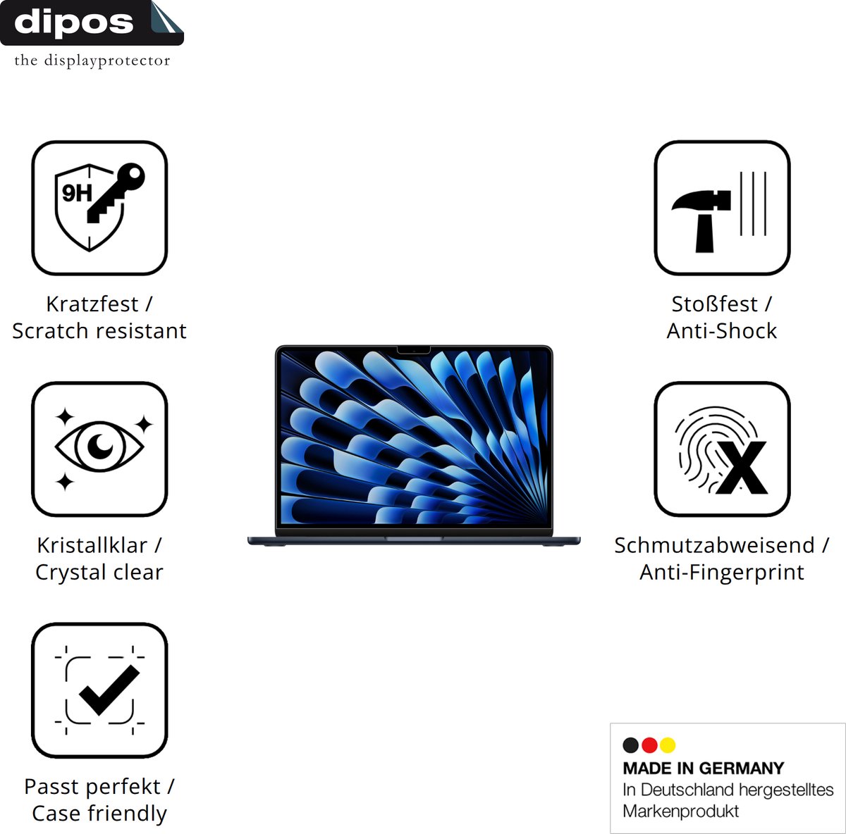 dipos – 2x Pantserfolie geschikt voor Apple MacBook Air M3 15 Zoll 2024 | 9H Screenprotector