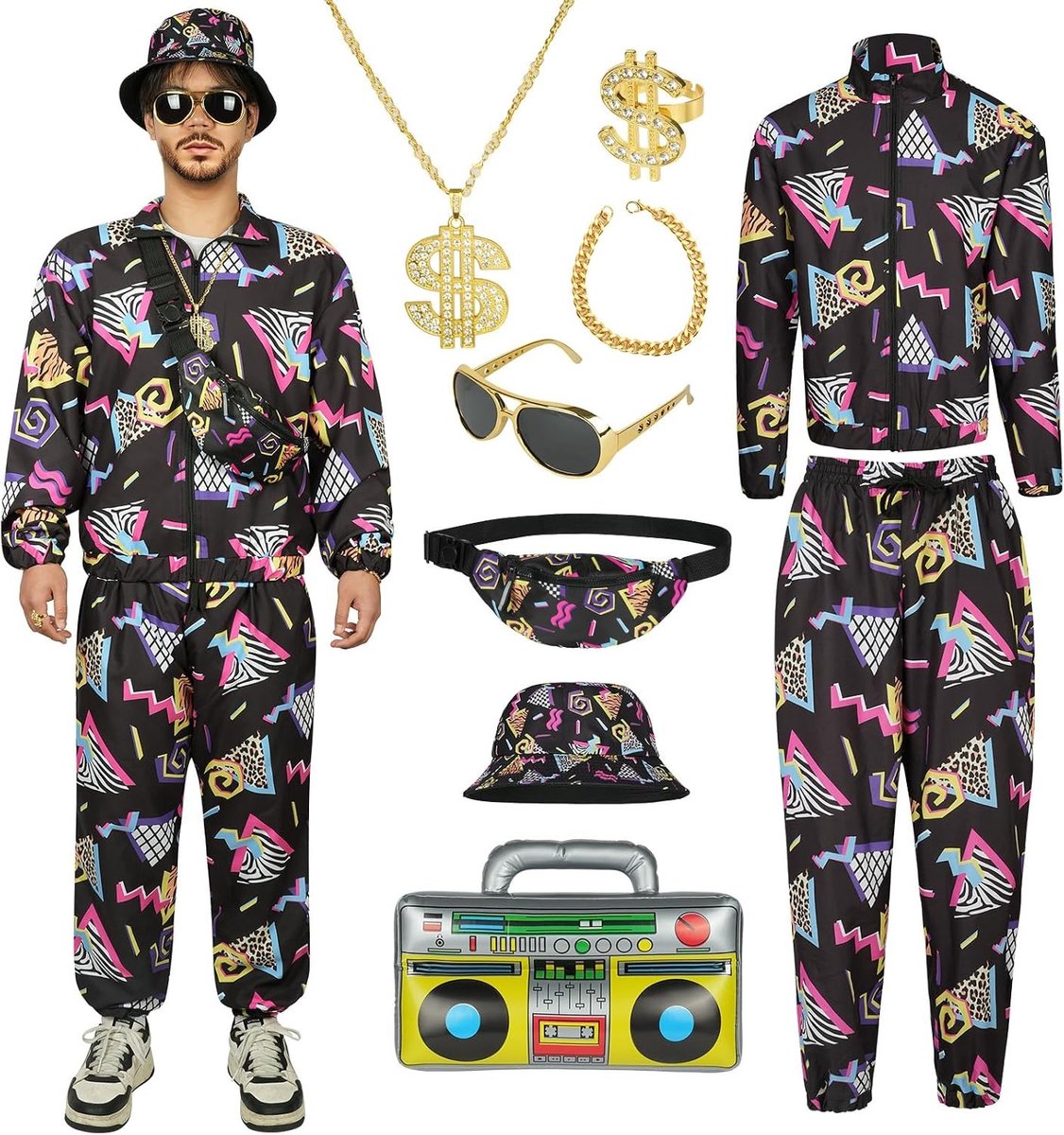 Complete Disco Kostuum Set voor 70s Feest - 9-delige Outfit met Shirt, Broek, Hoed, Riem, Tas, Sieraden en Zonnebril
