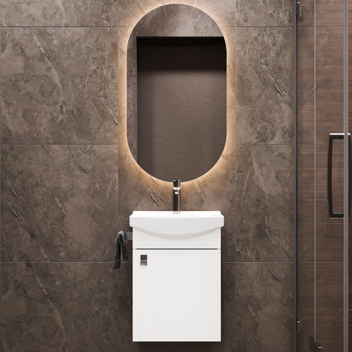 Planetmöbel Badkamermeubel Set 45 cm – Wit – Keramische Wastafel met Spiegel – Wandhangend – Soft-Close