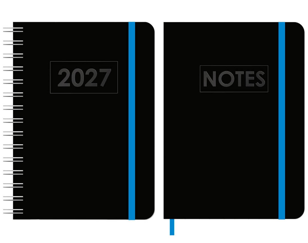 MGPcards - A5 Wire-O Agenda 2027 - Weekoverzicht 1w/2p - Zwart + Blauw elastiek - 14,8 x 21 cm + Notitieboekje/opschrijfboekje - gelinieerd - 80 pagina's - A5 - Zwart-Blauw