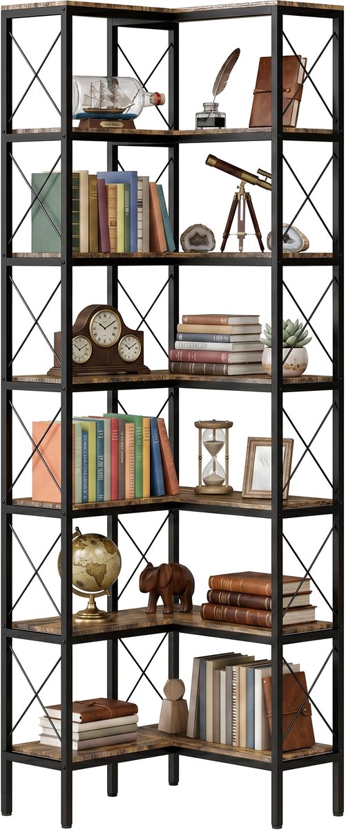 HOMCOM Boekenkast-Spaanplaat, metaal-60L x 60B x 200H cm-Rustiek bruin