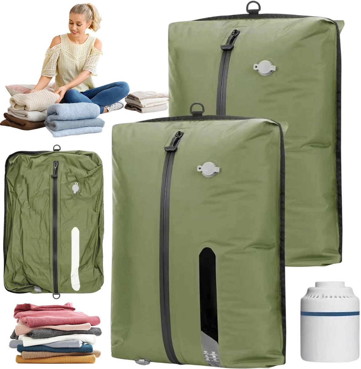 Compressietas - Vacuüm Opbergzakken Set - Packing Cubes Compression - Vacuumpomp & Vacuumzakken - 2 Stuks - TPU Nylon - IP67 Waterdichte & Afdichting - Eenrichtingsventiel - Ruimtebesparend - Kijkvenster & D Haken - Voor Wandelen & Kamperen & Thuis