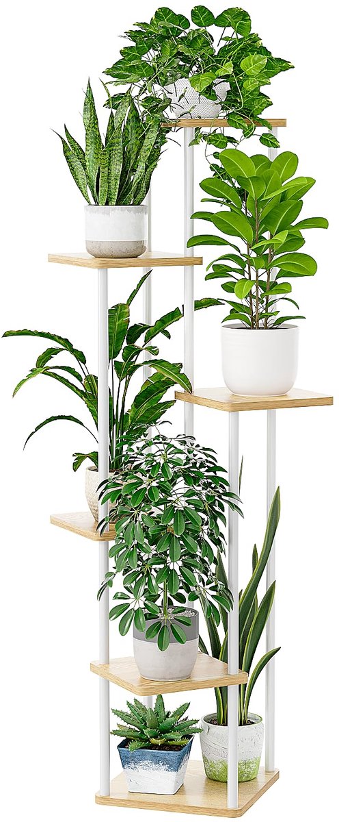 Famanu – Plantenstandaard, bloemenstandaard voor binnen, 6 etages, metalen plantenrek, bloementrap voor buiten, balkon, decoratie, slaapkamer en bloempot, wit