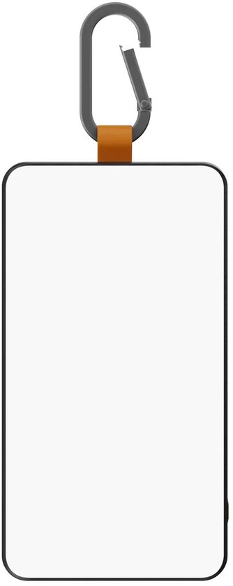 Zwarte powerbank met karabijnhaak en oranje lus.