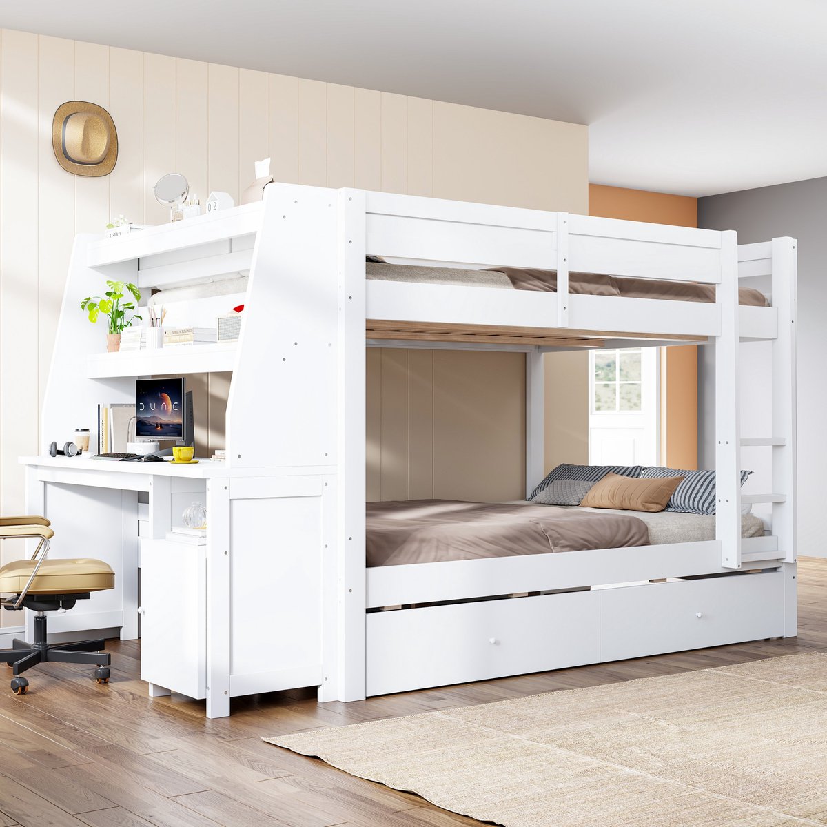 Sweiko Stapelbed - 140 x 200 cm - Met bureau - 2 lades - Opbergkast - Kinderbed - Wit
