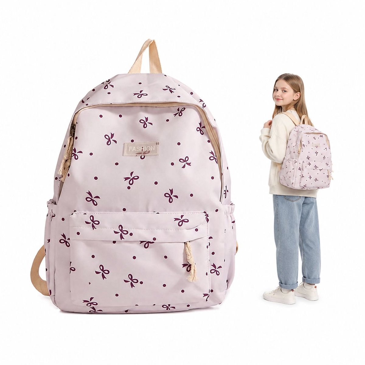 Rugzak - Schooltas Meisjes - Rugzak Kind - 31x13x42 cm - Laptop Rugzak voor Basisschool - Middelbare School - Boekentas met Strik - Cadeau Meisje - Paars