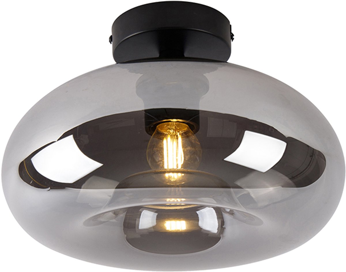 Qazqa smart led art deco plafondlamp, plafonniere - Busa - zwart met rookglas, rond, 1800K - 4000K, extra warmwit - cool white, dimbaar, 28cm, ideaal