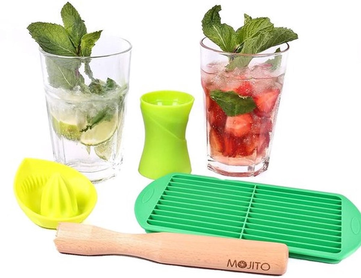 Cocktailbereidingsset 4-delig - Dubbele Jigger 30ml/45ml - Siliconen Citruspers - Houten Muddler - Perfect voor Mojito's - Cocktailset