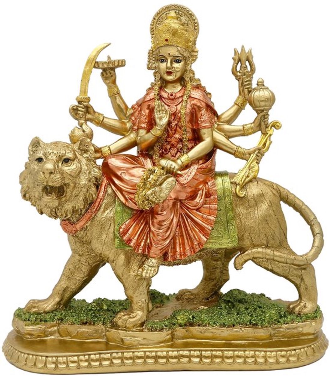 Standbeeld Durga op Tijger - Beeldjes Decoratie - Hindoe Godin - Sculptuur voor Binnen - Altaar/Tempel - Milieuvriendelijk Materiaal - Beeldje