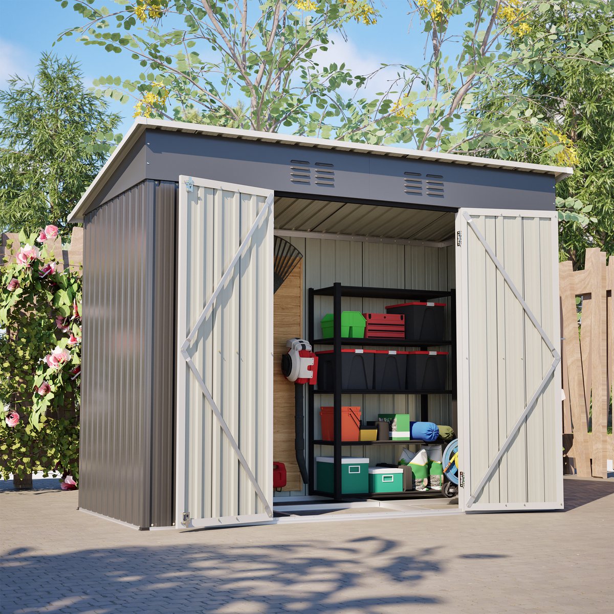 HAUSS SPOLE Gereedschapsschuur – Lessenaarsdak – 242 x 126 x 182 cm – Metaal – Grijs – Voor Tuin En Terras – Afsluitbaar Met Ventilatieroosters