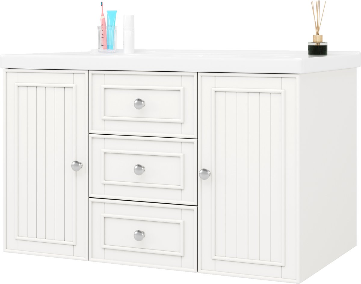 Waschbeckenunterschrank Met 3 Schubladen En Keramische Waskom Wandmontage Voor Badkamer MDF Wit 78,5x46x46,8 Cm