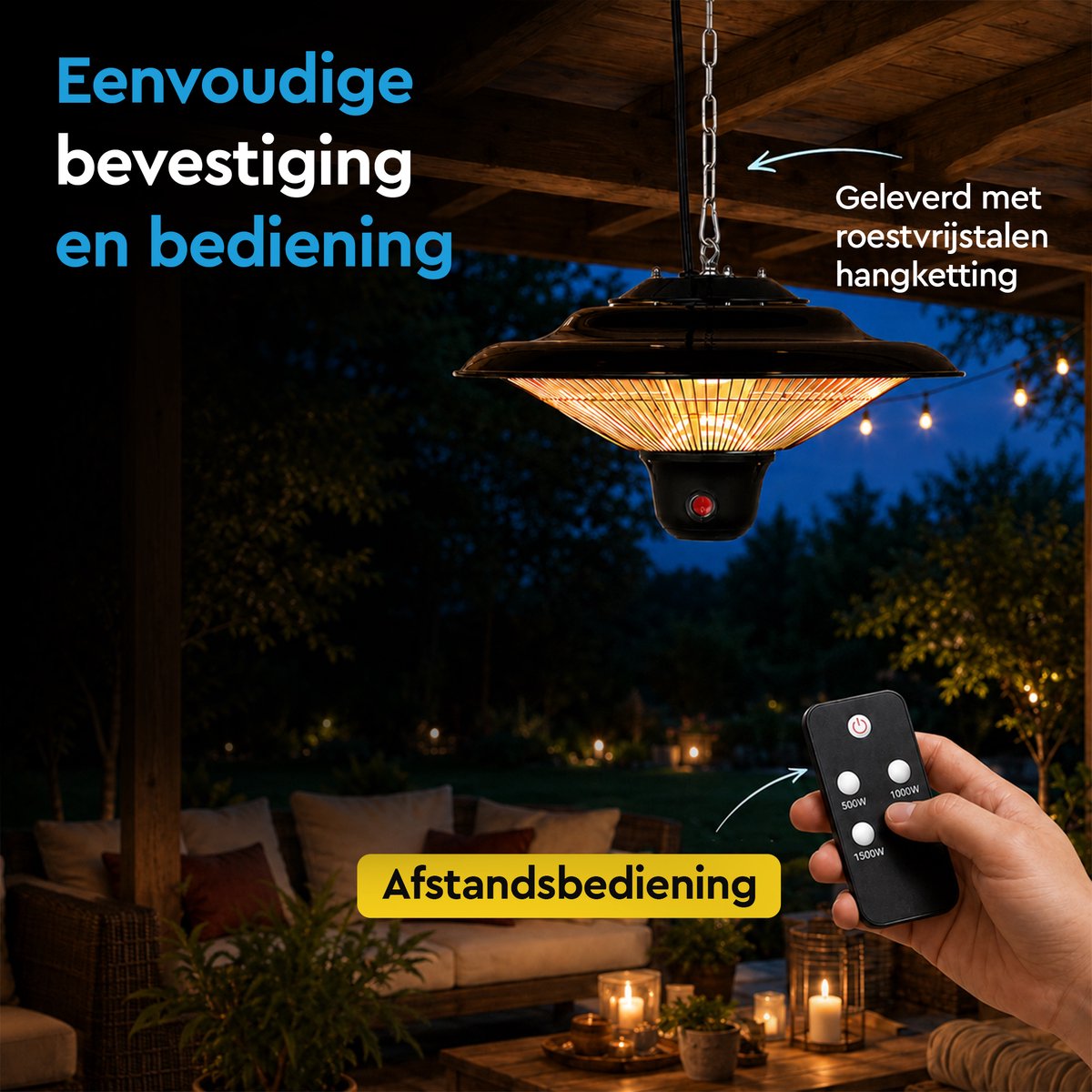BRASQ Elektrische Terrasverwarmer Hangend PHC100 - Infrarood Heater 1500W - met Afstandsbediening - 3 warmtestanden - Voor binnen en buiten - Spatwaterdicht - Zwart – foto 2