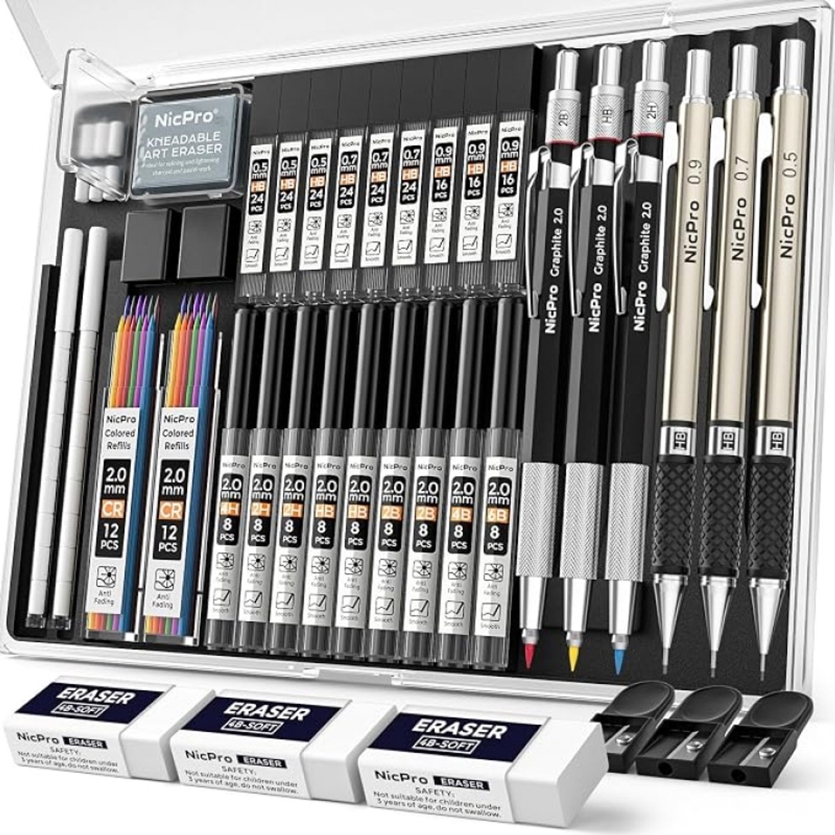 Set van 35 artistieke mechanische potloden, 3 metalen vulpotloden 0,5 mm, 0,7 mm en 0,9 mm, 2 mm loodhouder, 20 navulbusjes - schetsen en tekenen