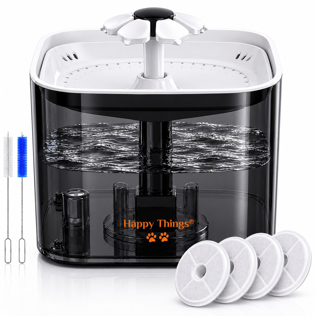 Bol.com Happy Things® - Drinkfontein Kat en Hond - Geruisloos - 2.5 L - Transparant Zwart met Goud - incl 4 Filters aanbieding
