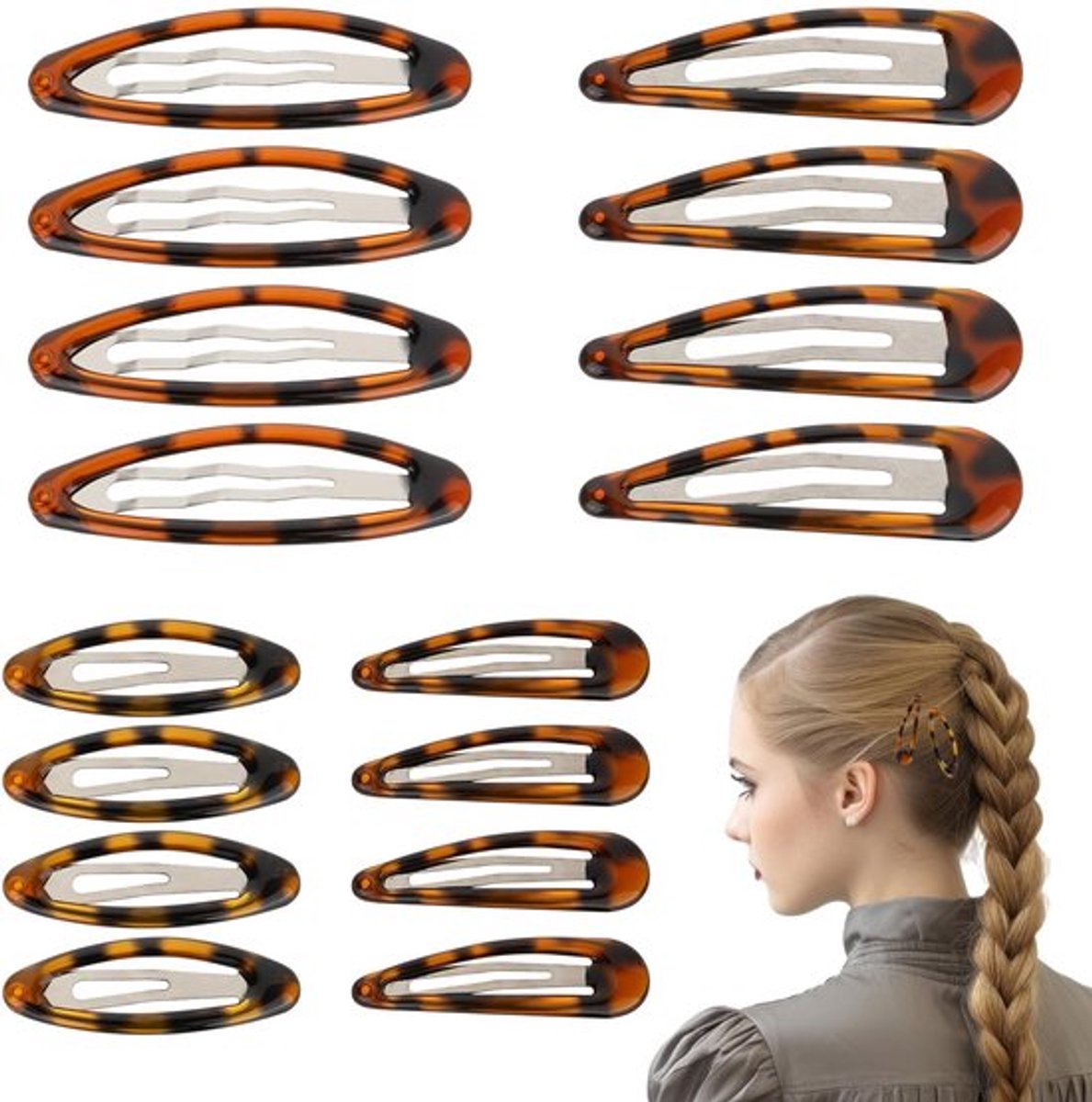 Haarspelden met drukknop - 16 stuks in 4 maten - Snap-haarspelden in schildpad-look - Metalen haarklemmen voor kinderen - Vintage haarspeld voor alle haartypes