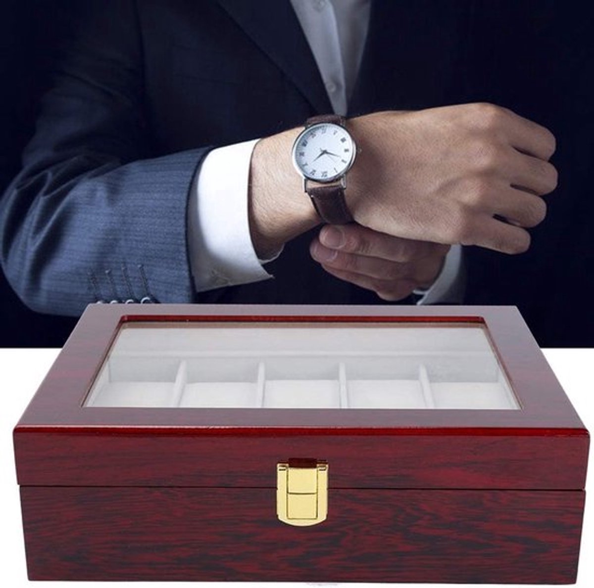 Houten Horloge Doos met 12 Slots en Transparant Venster voor Luxe Sieraden Organisatie en Bewaring