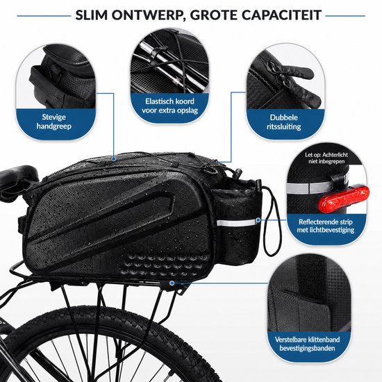 WRISIN Waterdichte Fietsdragertas - Grote Capaciteit Achtertas voor Bagagedrager - Multifunctionele Fietstas met Reflecterende Strip & Schouderriem (Zwart) — afbeelding 2