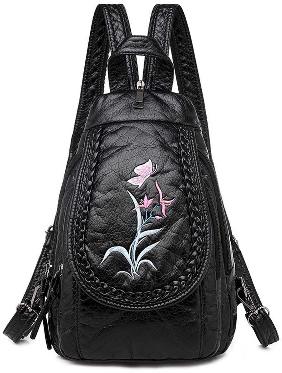 Dames mini rugzak - zacht gewassen PU‑leer - kleine schoudertas - ruitpatroon - zwart - combinatie schoudertas en rugzak-Zwarte orchidee