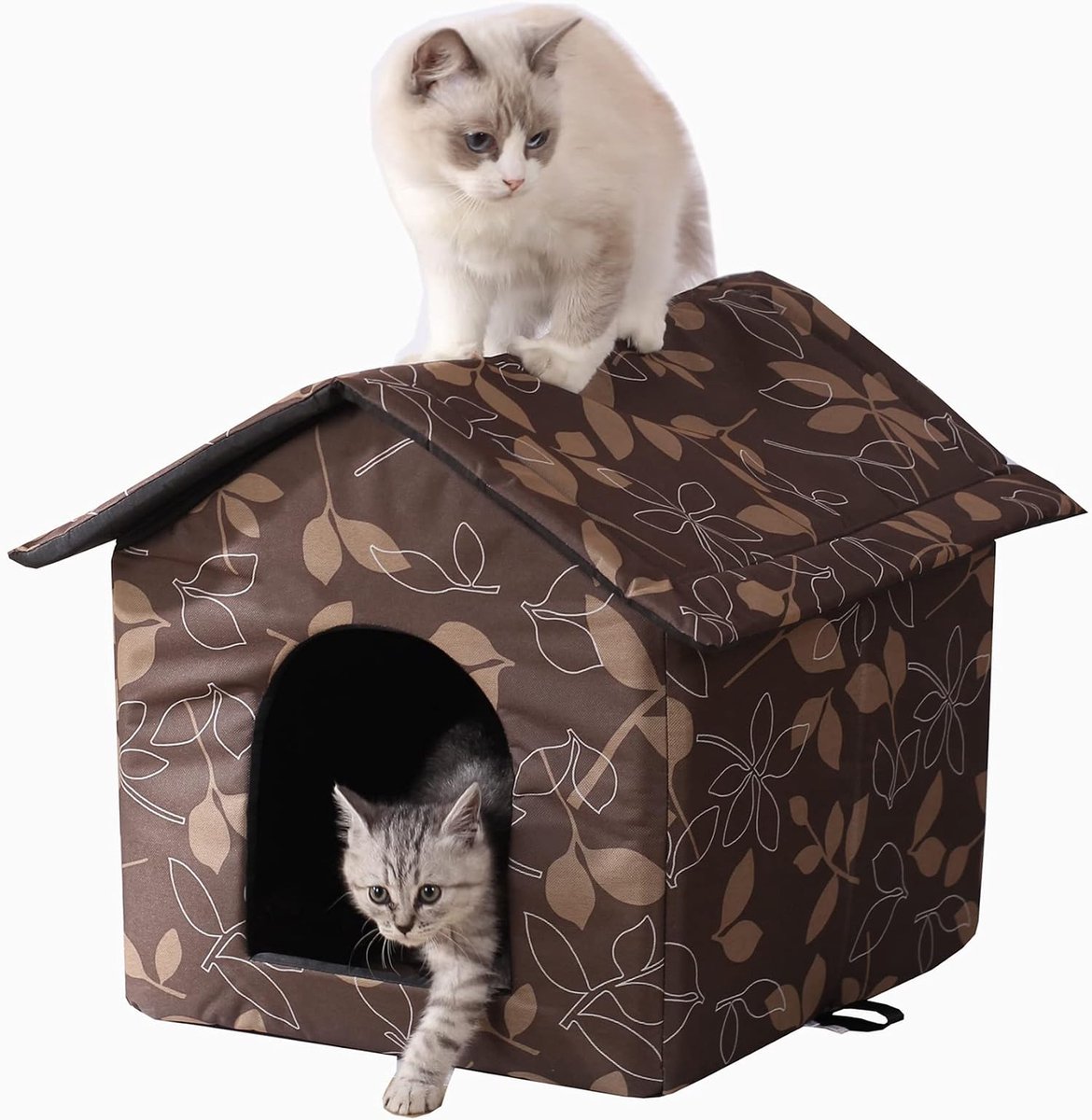 Waterdicht kattenhuis voor binnen en buiten – met afneembaar dak en verhoogde bodem – 40x30x40 cm – geschikt voor katten - kleine honden en zwerfdieren – bruine bladkleur