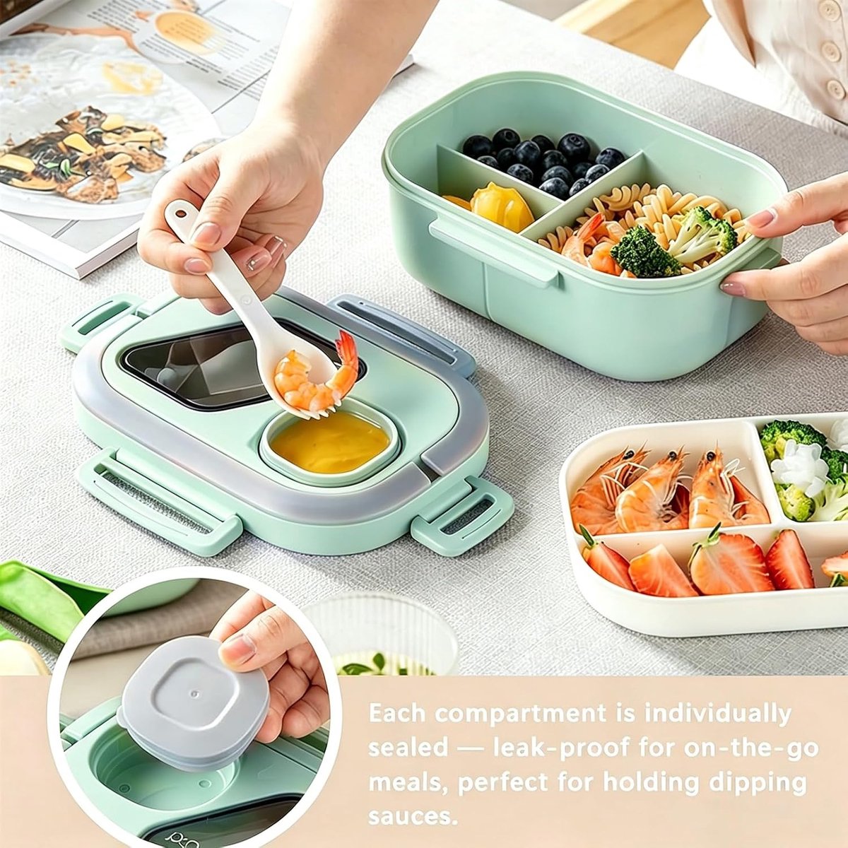 Bobypet - Lunchbox Set met Geïsoleerde Lunchtas- 1200ml - 2-Laags Stapelbare Broodtrommel met Vakjes - Lekvrij en BPA-Vrij - Inclusief Bestek, Sausbakje en Saladebeker - Geschikt voor Magnetron - Groen — cadeau in Koken & Dineren - foto 4