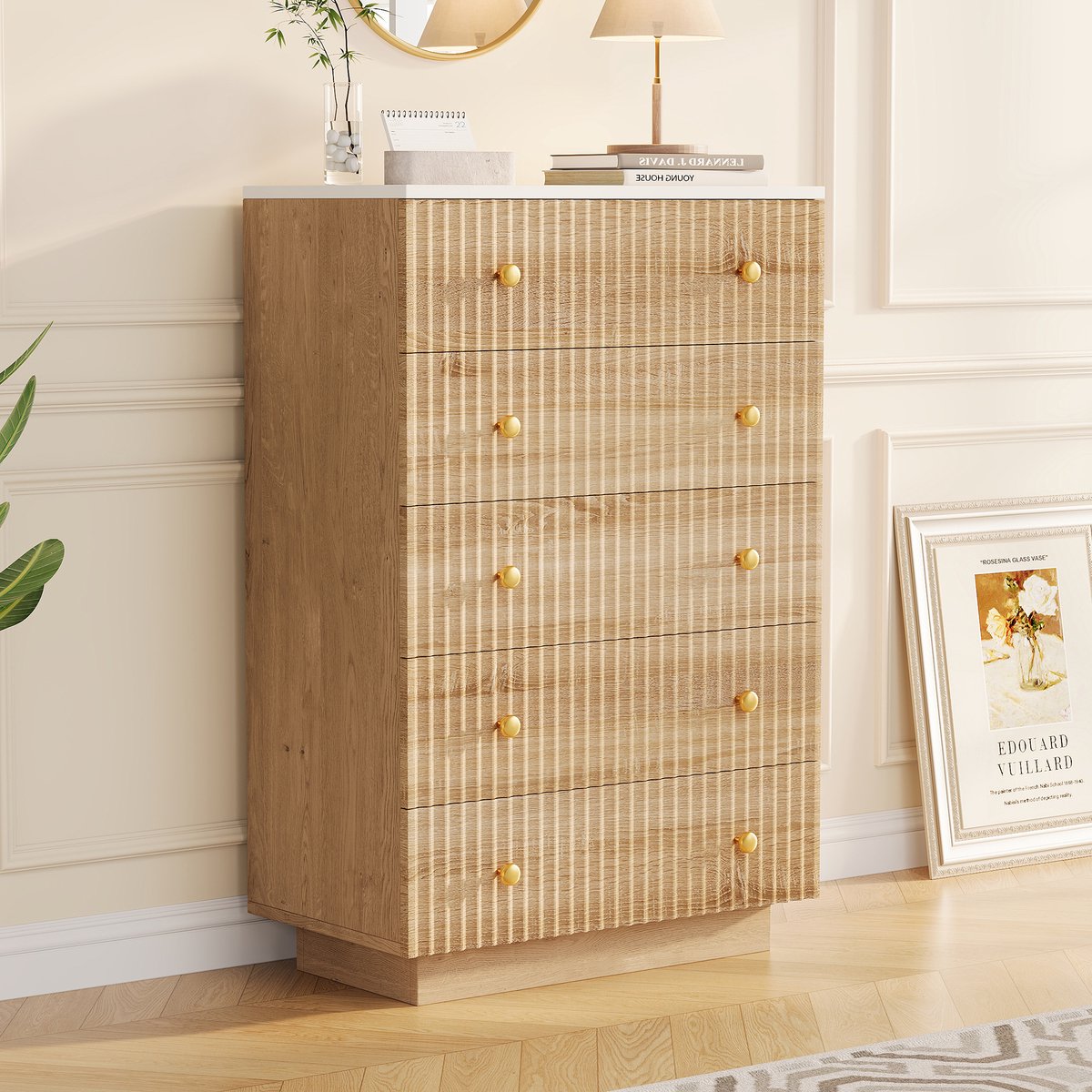 Ladekast 73x40x110 cm, 5-ladenkast met LED-verlichting, hoge opbergkast voor slaapkamer, moderne commode, houtlook