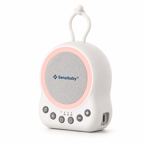 Witte SensiBaby machine met roze accenten, knoppen voor geluid en licht, en een USB-poort.