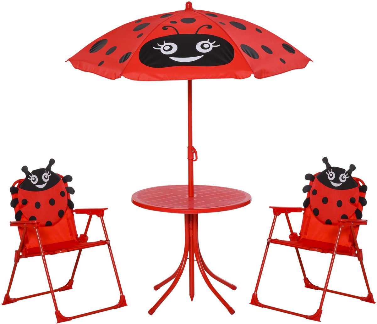 Tuinset kinderen - voorzien van een in hoogte verstelbare parasol - een tuintafel en 2 klapstoelen - Met een afbeelding van een lieveheersbeestje - rood