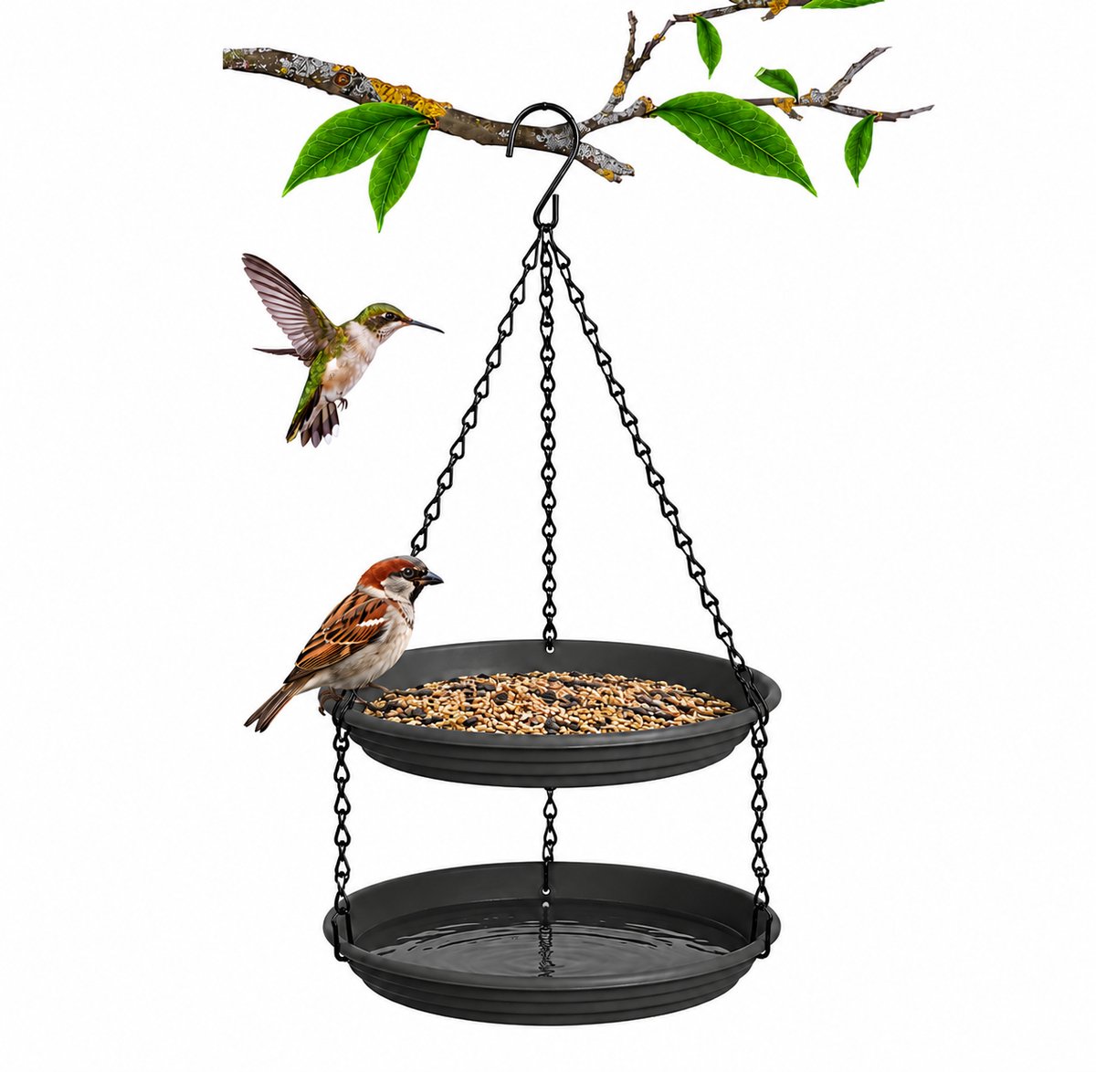 Hangend vogelvoederhuis voor buiten — Ontwerp met twee etages — Geschikt voor zowel water als vogelvoer — Inclusief vogelbadje — Geschikt voor balkons, bomen en tuinen — Donkergrijs