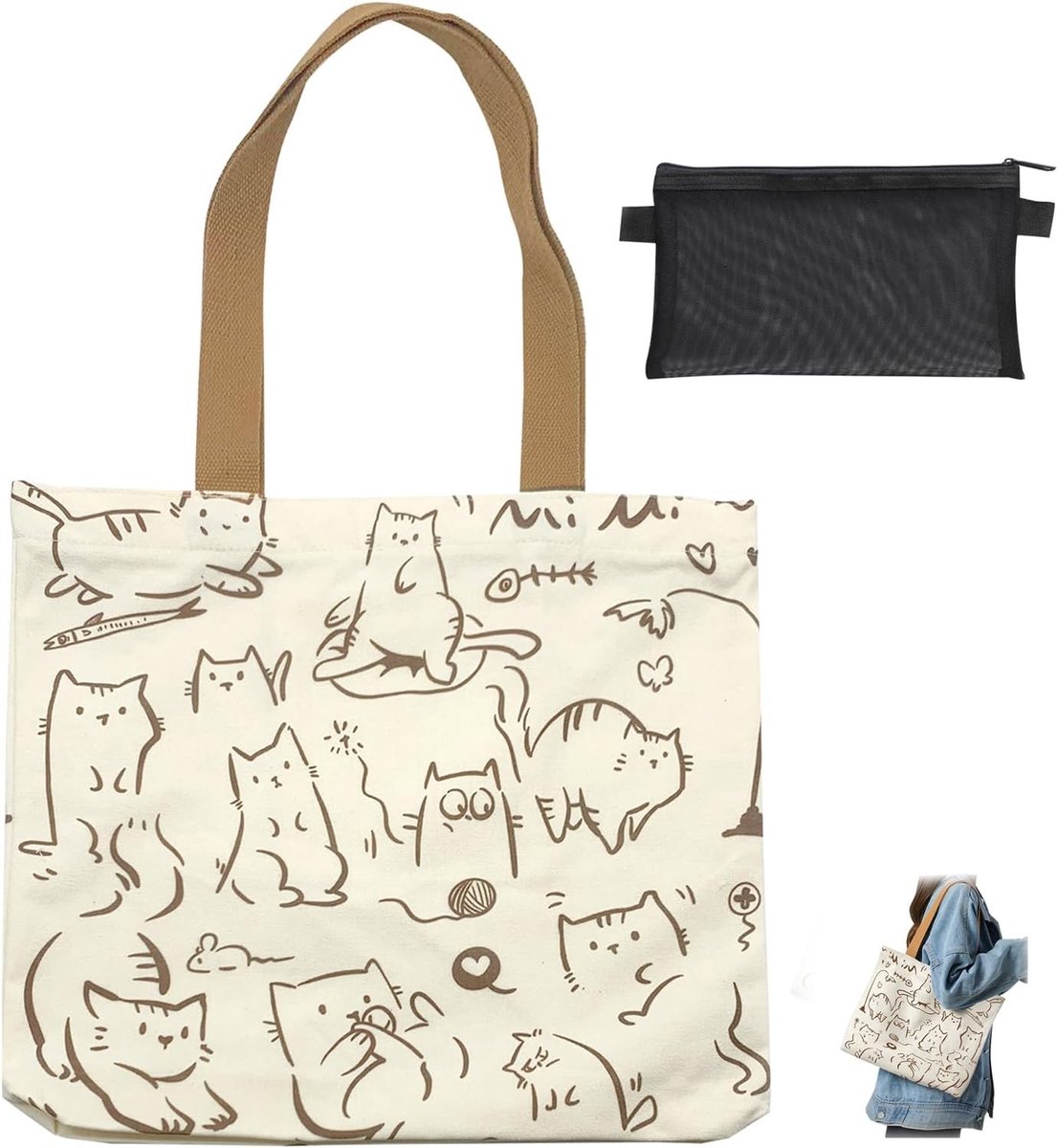 Leuke Herbruikbare Grote Cat Tote Bag van Canvas met Rits en Vakken, Ideaal voor Cat Lovers en Shoppen
