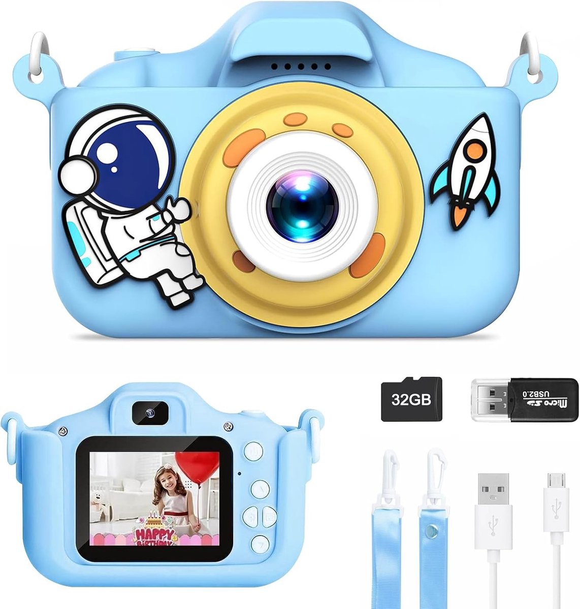 Digitale Camera voor Kinderen 1080p met 32GB Geheugenkaart, Schokbestendige Behuizing en 2-inch IPS Scherm voor Kinderen van 3 tot 10 Jaar
