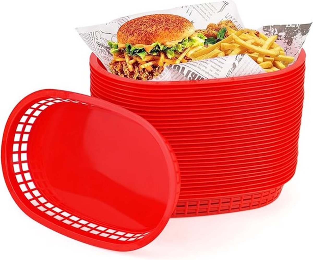 Herbruikbare ovalen fruitmanden, 30 stuks, ideaal voor snacks, frietjes en feestjes, perfect voor picknicks en barbecues, 27x17 cm