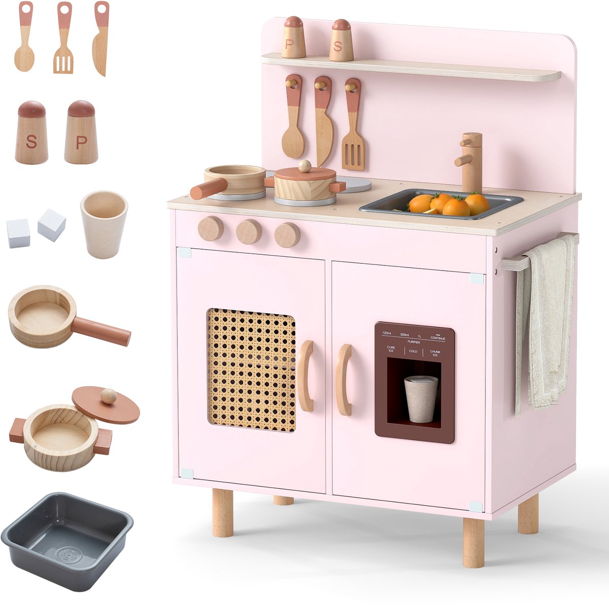 COSTWAY Kinderkeuken, Speelkeuken voor Kinderen inclusief Accessoires met Fornuis, Waterkraan & IJsmachine, Speelgoedkeuken met Opbergruimte, Houten Keuken voor Jongens & Meisjes vanaf 2 jaar (Roze)