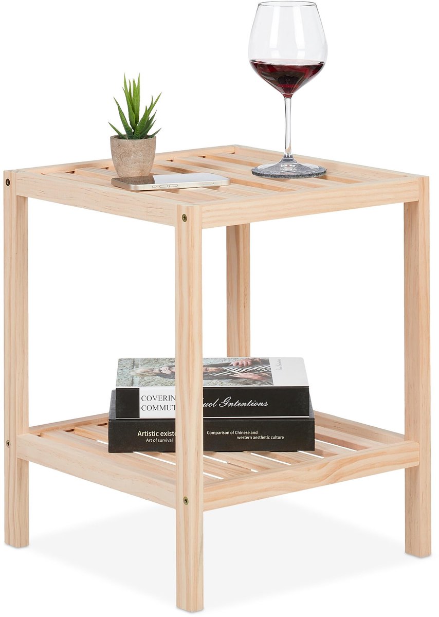 Solidchoice - Houten Bijzettafel met Twee Oppervlakken en Natuurlijke Afwerking