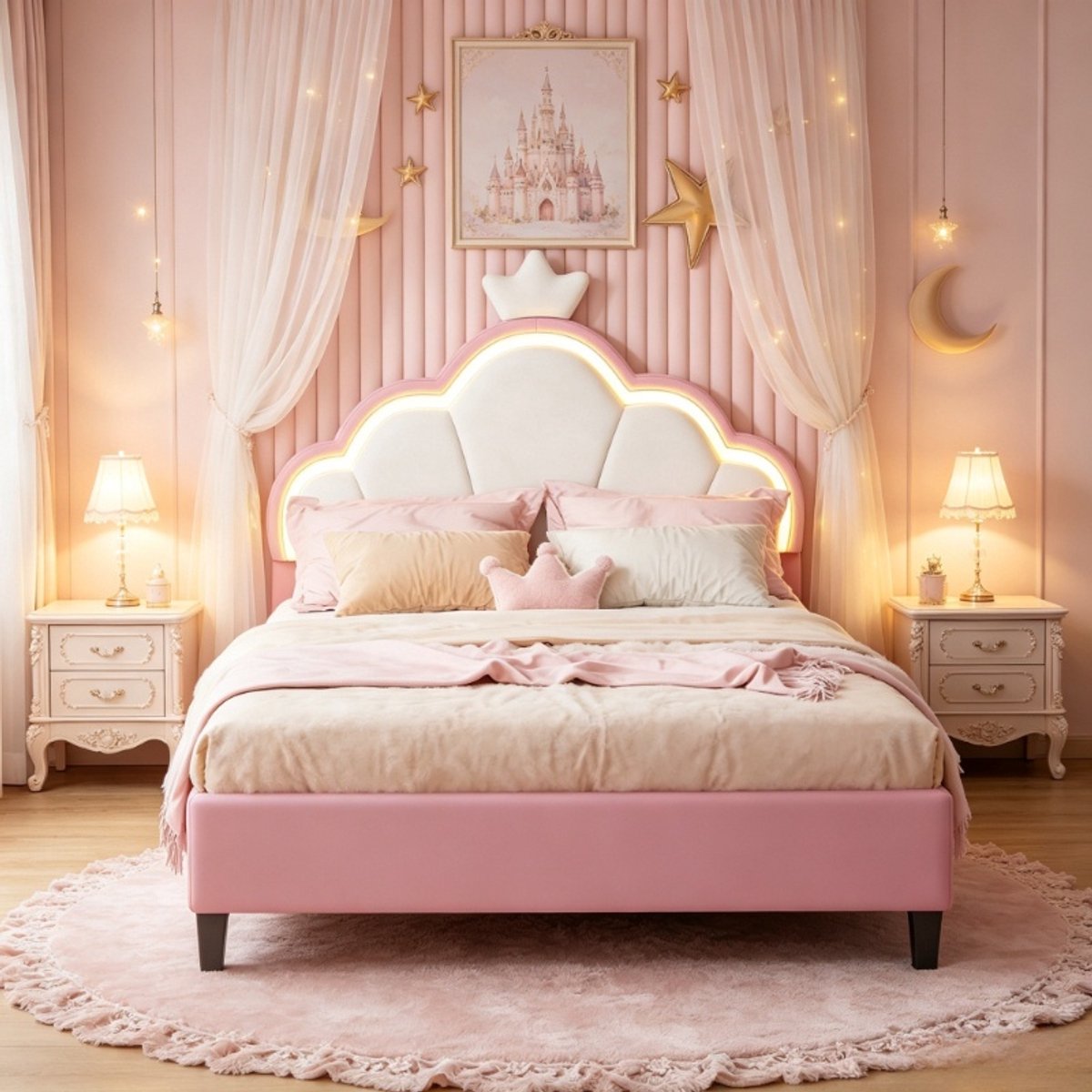 Kinderbed 90x200 cm, eenpersoonsbed met LED-kroonhoofdbord, verstelbaar hoofdbord, lattenbodem, prinsessenbed, wit/roze, zonder matras